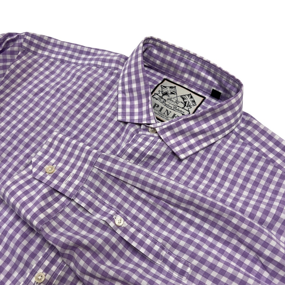 Thomas Pink Dress Shirt Men's 16/41 Light Purple Gingham Slim Cotton Long Sleeve